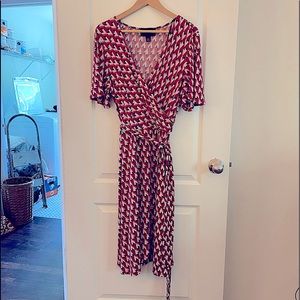 Red geometric faux wrap dress, 14